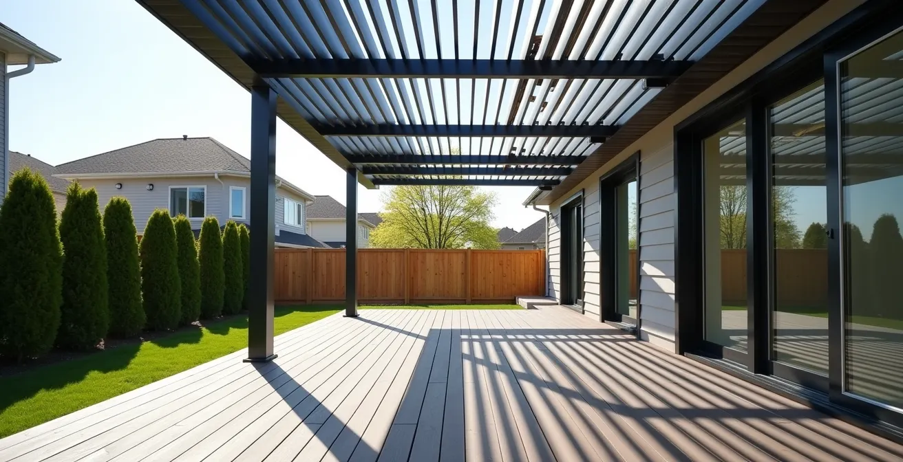 Vue latérale d'une pergola moderne avec persiennes orientables en aluminium sur une terrasse québécoise