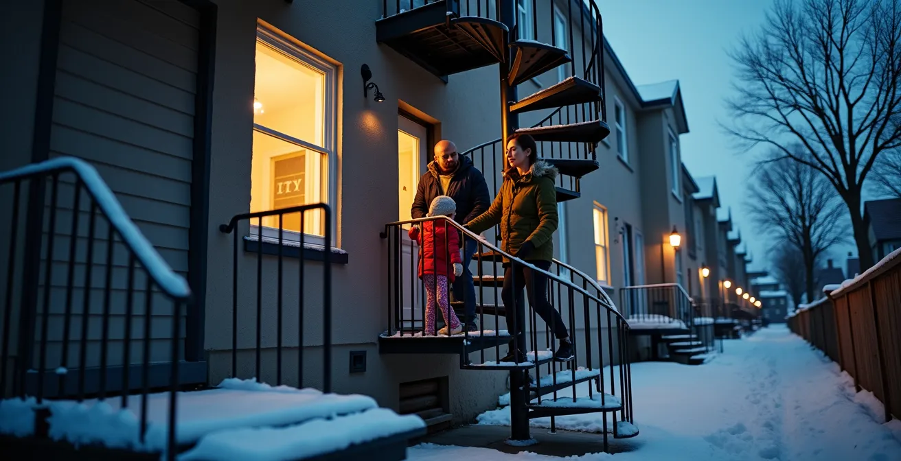 Plan d'évacuation d'un duplex montréalais avec escalier extérieur en hiver