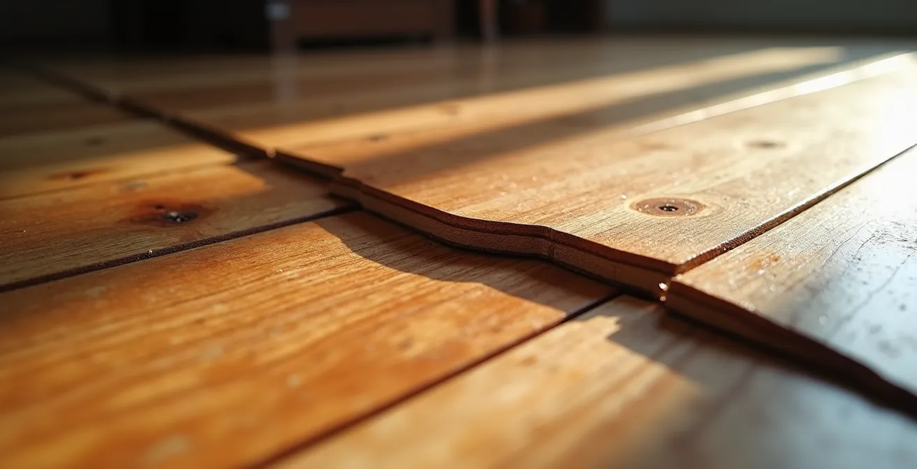 Vue macro d'un plancher flottant gondolé montrant la déformation des lames