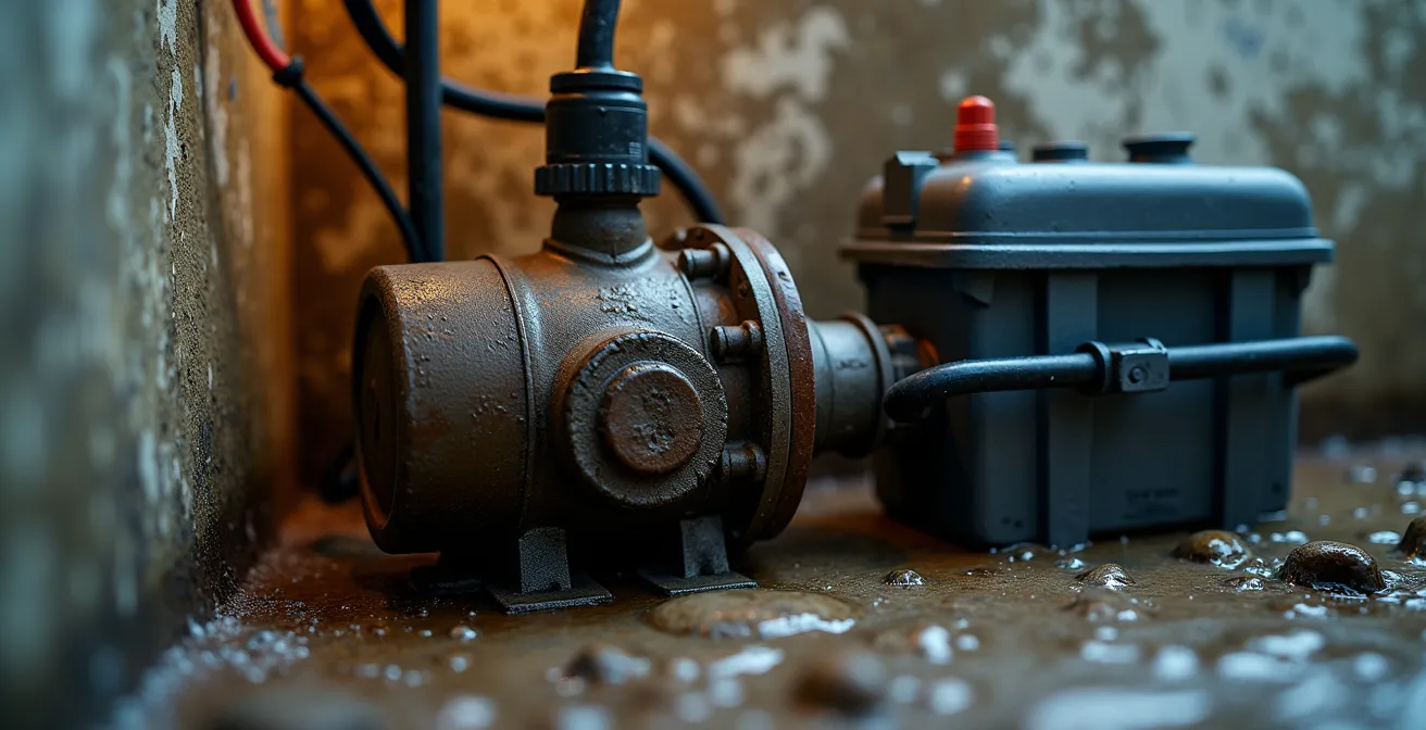 Gros plan sur système de pompe de puisard avec batterie de secours dans un sous-sol québécois