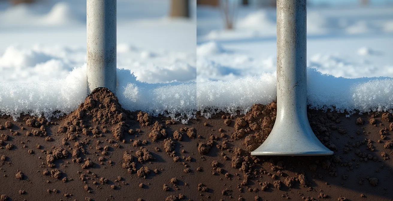 Coupe technique montrant un poteau Sonotube avec base élargie type Bigfoot sous la ligne de gel