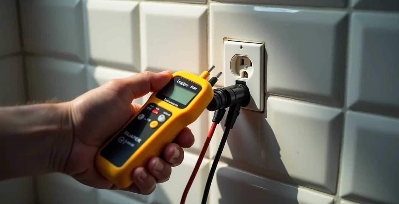 Gros plan sur l'installation sécuritaire d'une prise électrique avec rallonge dans un dosseret de céramique, outils de sécurité visibles.