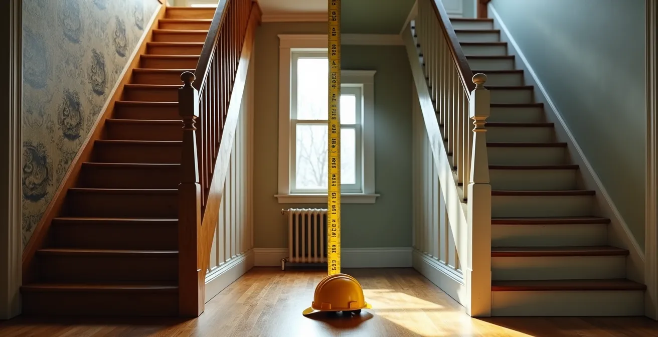 Comparaison visuelle entre un escalier ancien et un escalier aux normes actuelles dans une maison québécoise