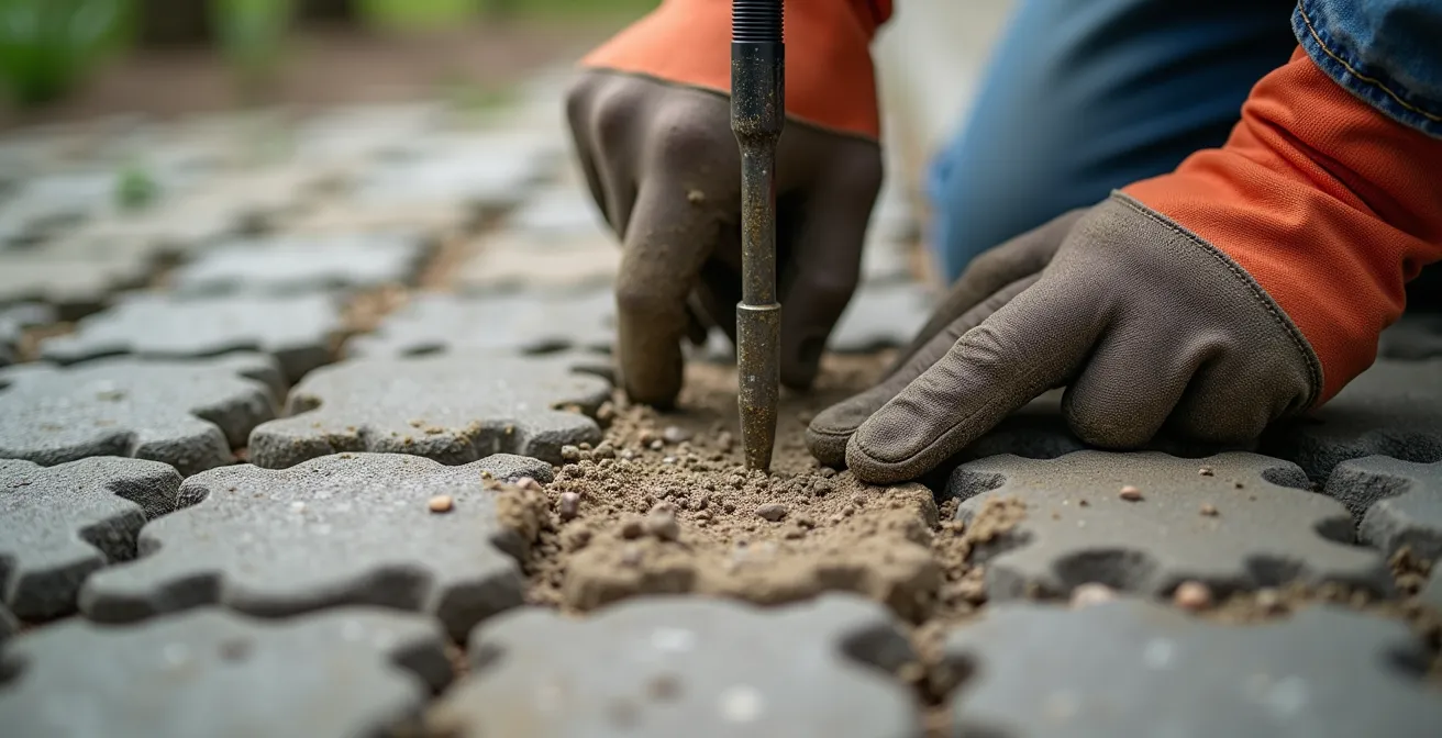 Vue macro détaillée de mains expertes réparant les joints entre des pavés unis avec de la poussière de pierre