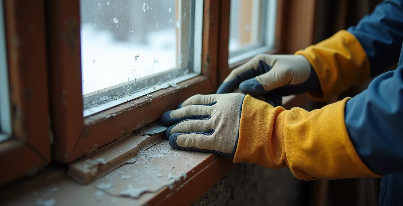 Mains d'artisan retirant l'ancien joint de silicone avec un outil spécialisé sur une fenêtre québécoise
