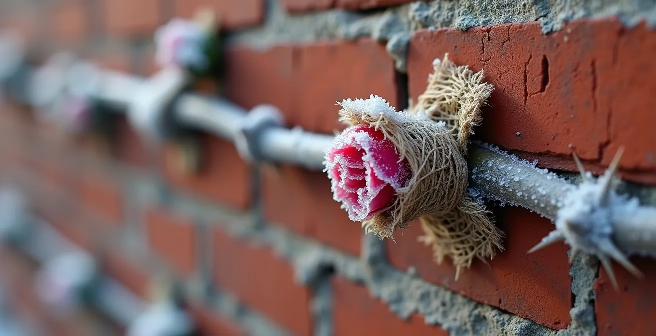 Rosier grimpant contre un mur de brique ancestral québécois avec protection hivernale en toile de jute