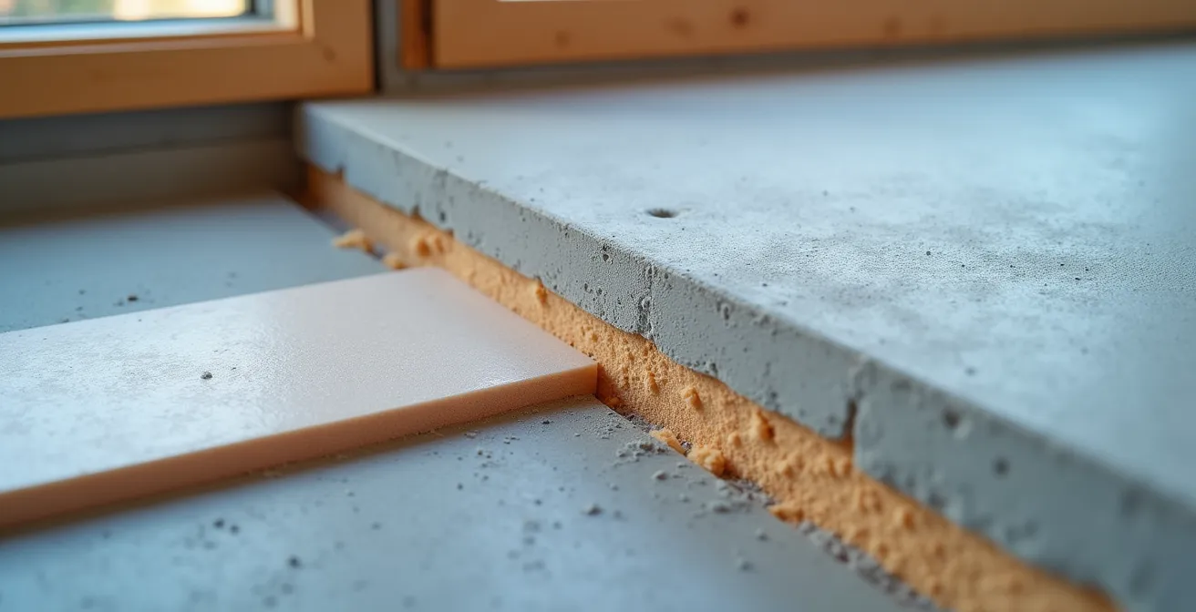 Vue en coupe d'une jonction balcon-plancher avec rupteur thermique installé entre la dalle extérieure et intérieure