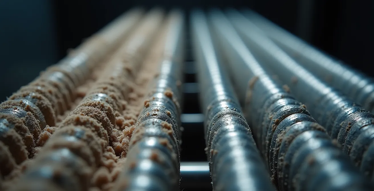 Vue rapprochée des serpentins d'un réfrigérateur avec accumulation de poussière contrastant avec une partie propre.