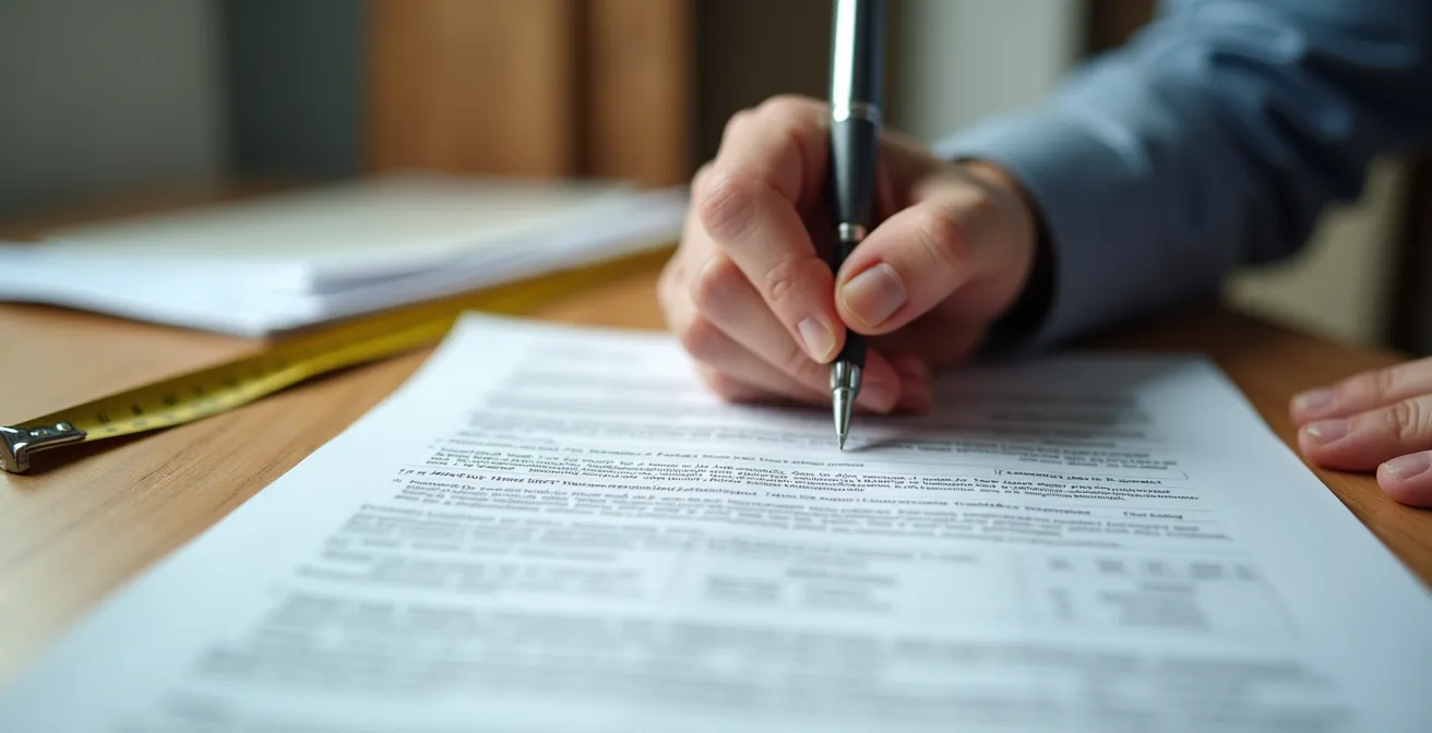 Mains signant un contrat de rénovation avec calculatrice et échantillons de matériaux