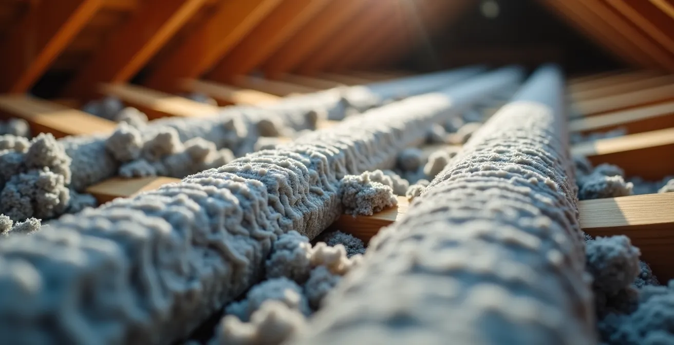 Déflecteurs d'air correctement installés dans un entretoit québécois pour assurer la ventilation au-dessus de la cellulose.