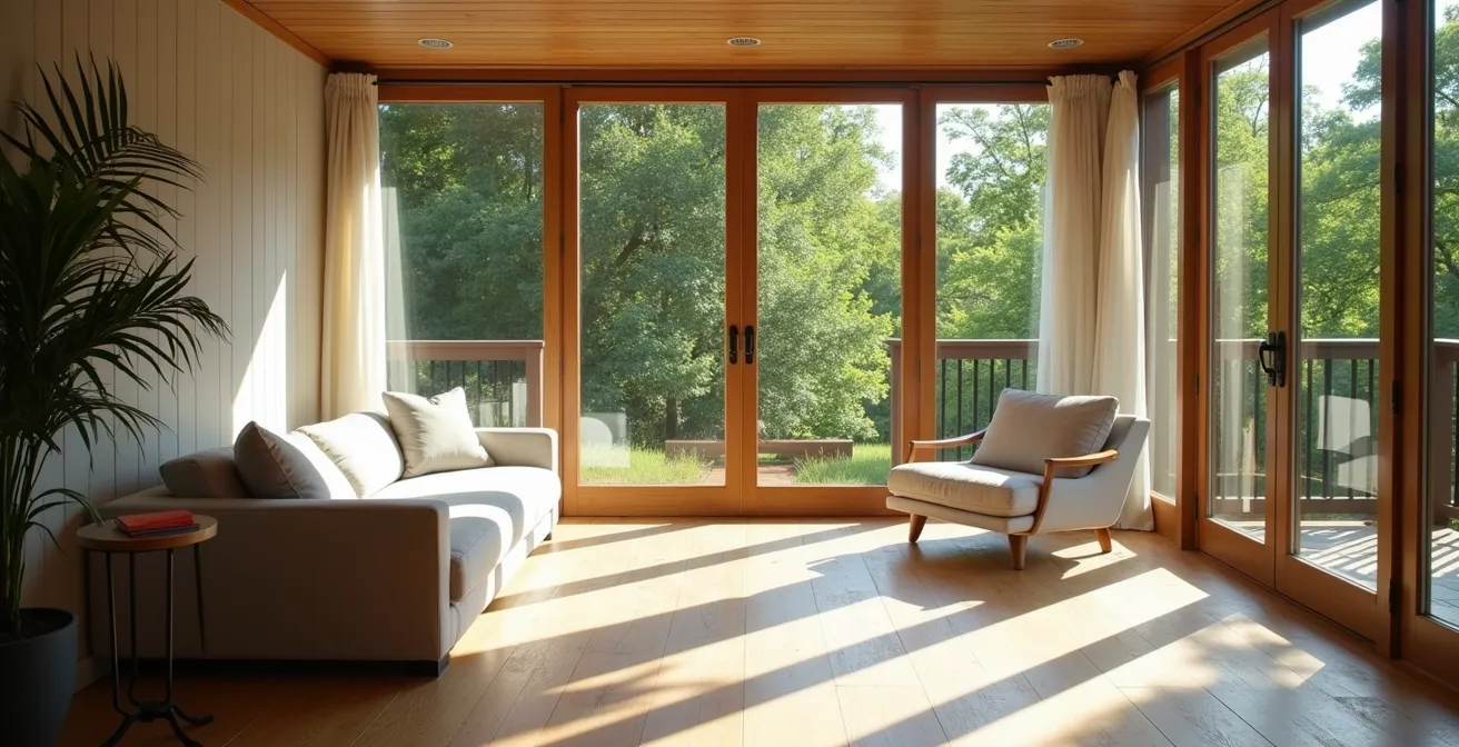 Solarium avec débord de toit calculé pour bloquer le soleil d'été au Québec