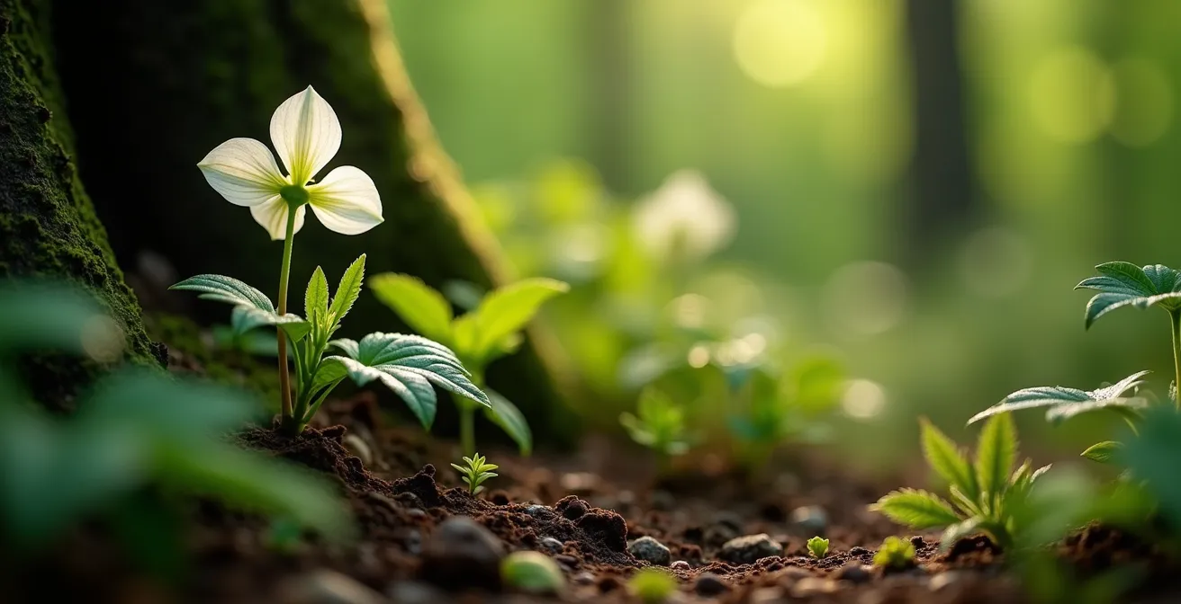 Sous-bois d'érable mature avec trillium et fougères indigènes en floraison printanière