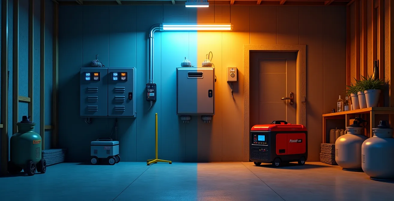 Installation hybride génératrice et batteries solaires dans un garage québécois