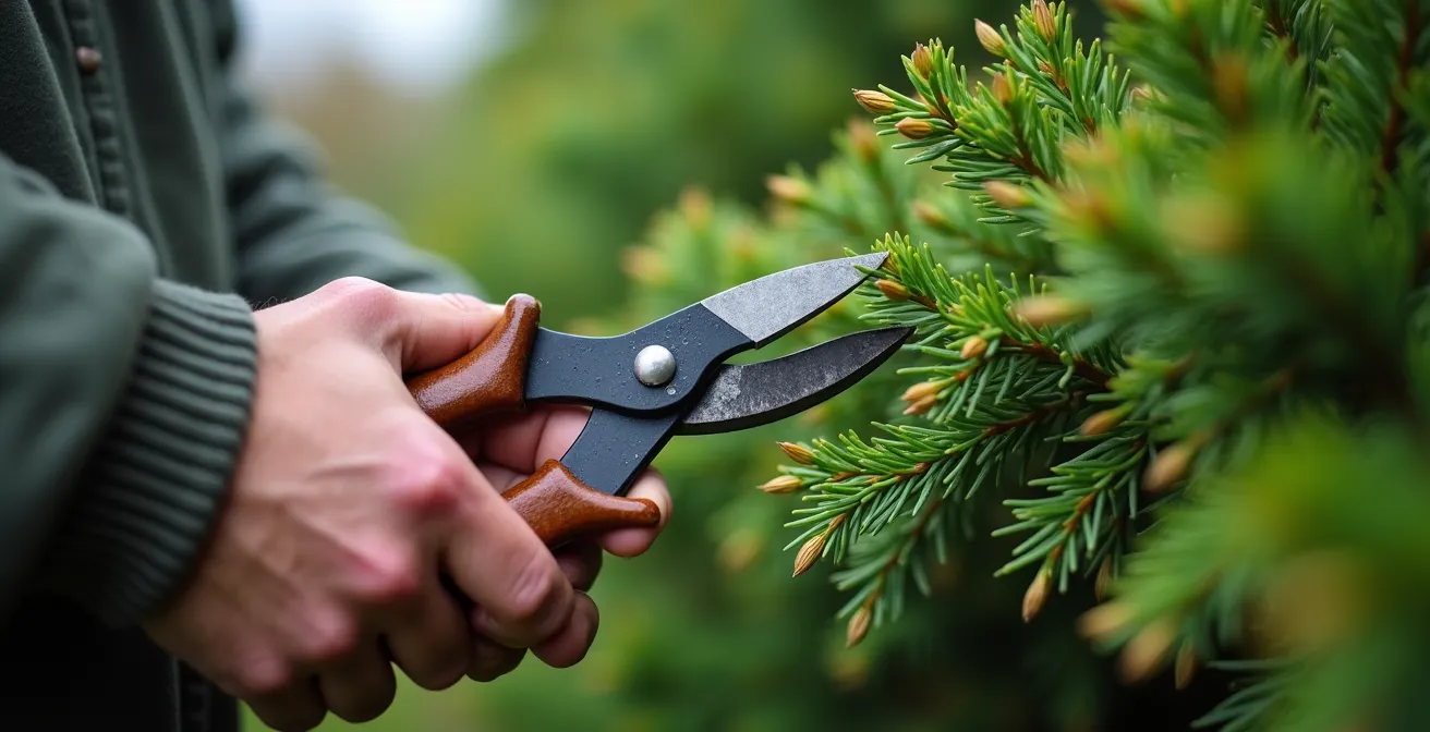 Gros plan sur une main tenant une cisaille coupant précisément la nouvelle pousse vert pâle d'un cèdre