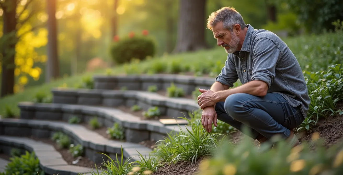 Système de drainage en terrasses sur terrain en pente avec végétation stabilisatrice