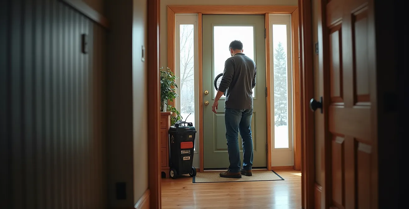 Test d'infiltrométrie en cours sur une maison québécoise en hiver