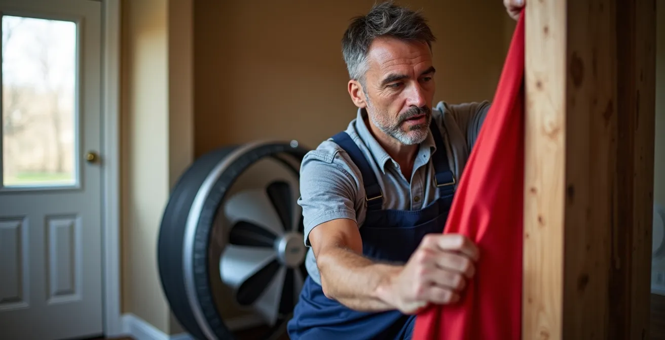 Technicien installant un infiltromètre avec ventilateur dans une porte d'entrée pour un test d'étanchéité à l'air.