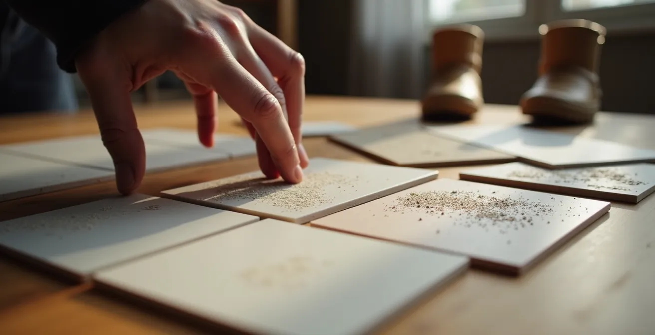 Personne testant la résistance aux rayures sur des échantillons de porcelaine avec une clé, évoquant le contexte d'une entrée avec animaux.