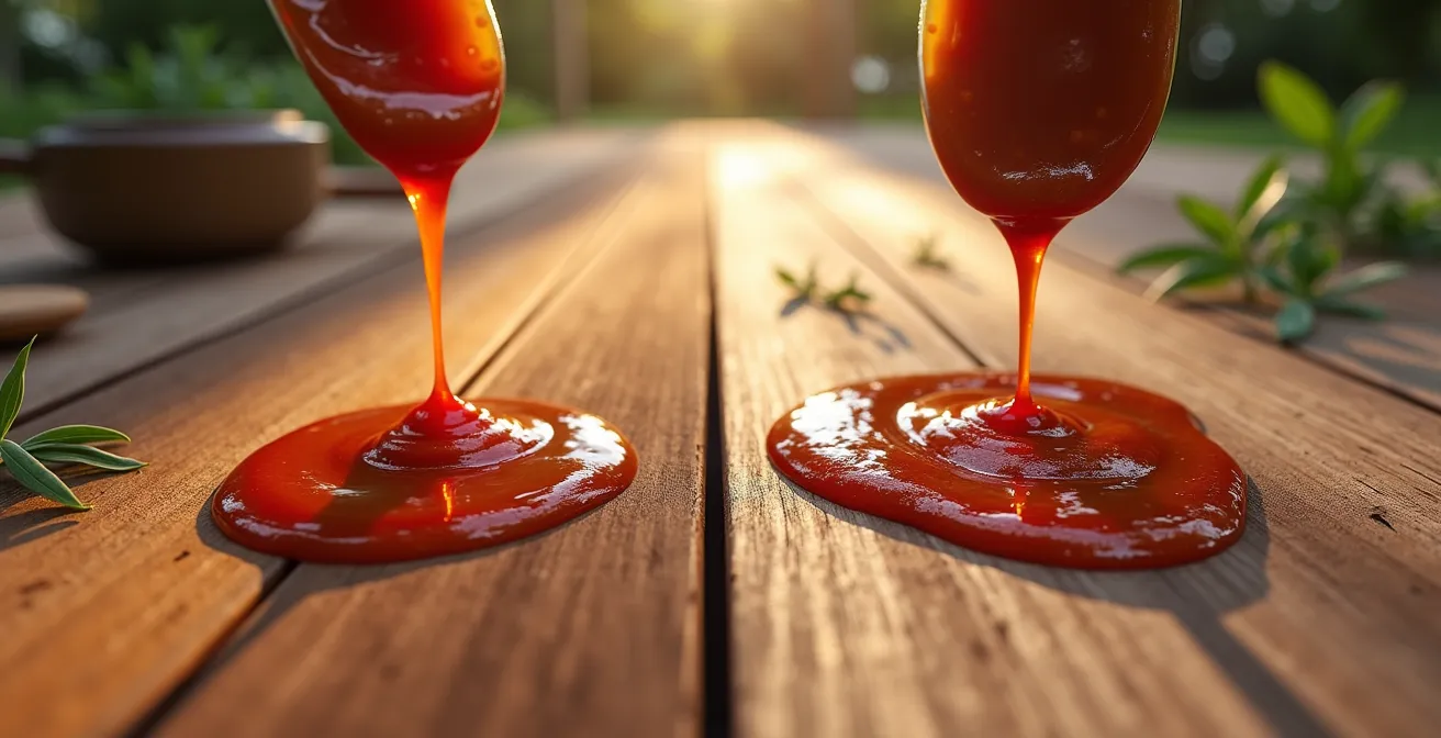 Comparaison visuelle de deux échantillons de composite avec taches de sauce BBQ, l'un encapsulé propre, l'autre traditionnel taché