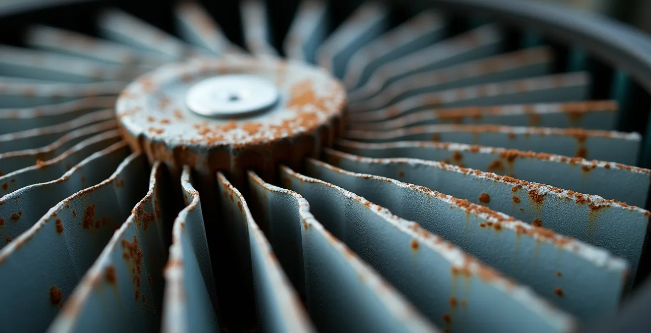 Gros plan macro sur les ailettes et composants internes d'un compresseur de thermopompe montrant l'usure