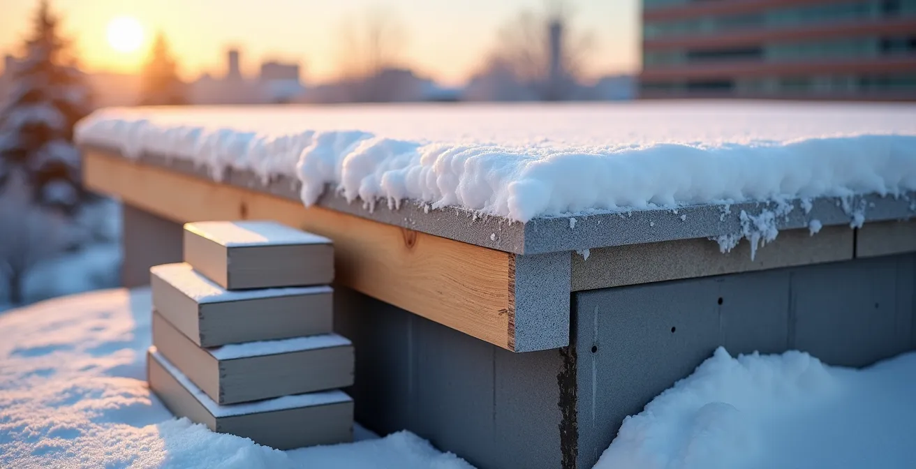 Coupe transversale d'un toit plat montrant l'accumulation de neige et les points de stress structurels