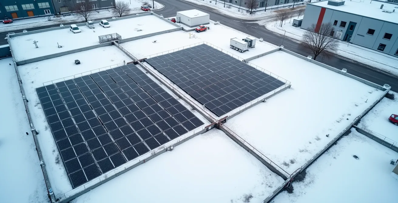 Vue aérienne d'un toit plat commercial avec panneaux solaires et accumulation de neige visible autour des installations