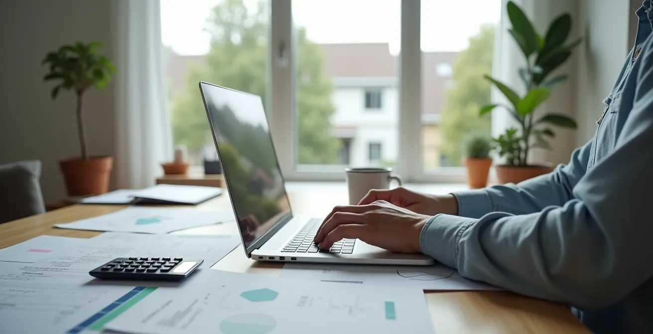 Personne vérifiant le registre des licences RBQ sur un ordinateur portable